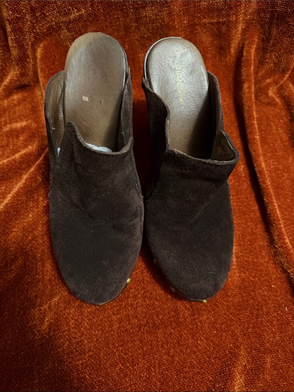 Vianni | Chocolate Suede Studded Slip-On Mules Wood Sole Treaded | 38 - Picture 3 of 9